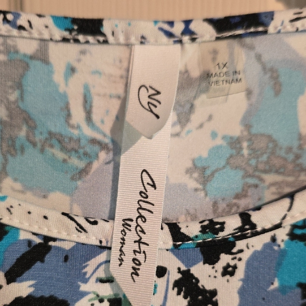 NY Collection Blue Ruched Tie Front Blouse - Picture 2 of 9